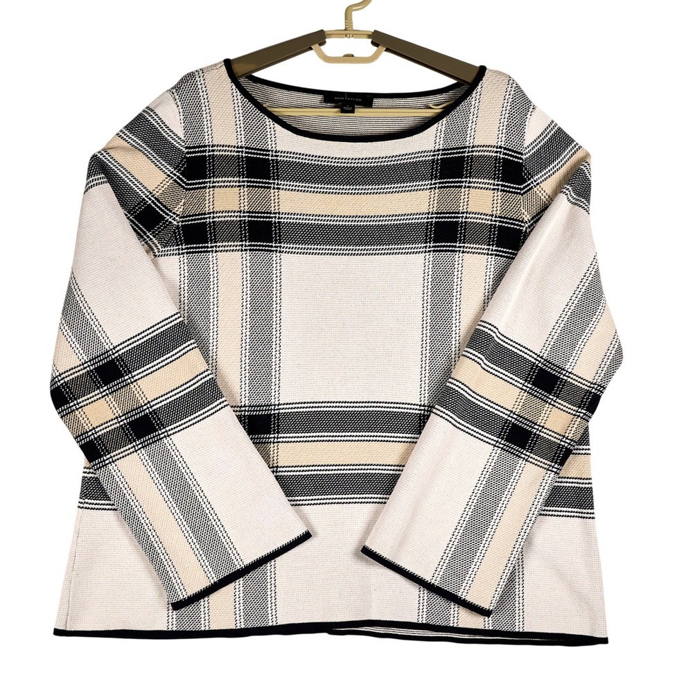 Ann Taylor Long Sleeve Sweater‎ Plaid Boat Neck Top  Women's XL Beige Black